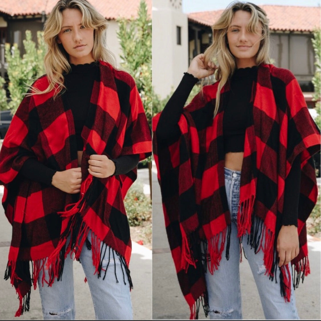Buffalo plaid poncho