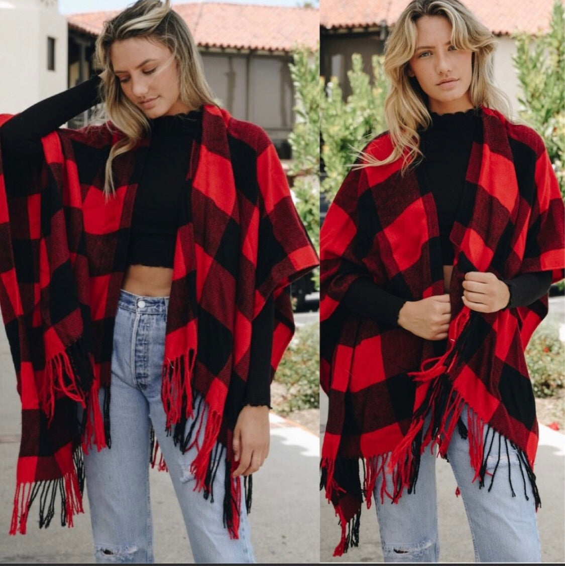 Buffalo plaid poncho